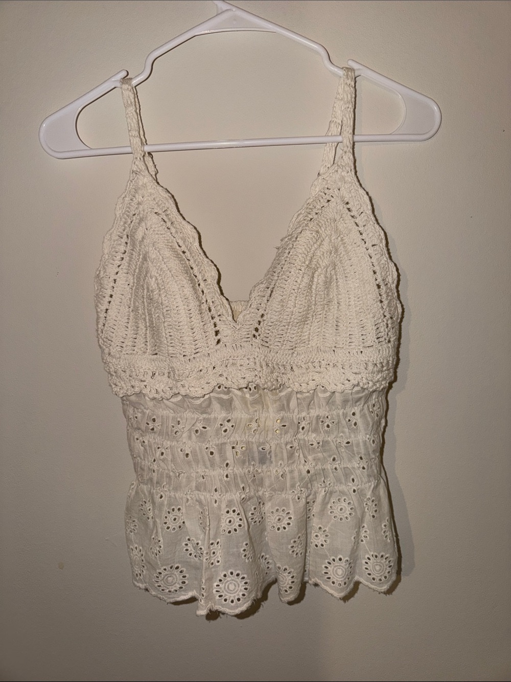 Women's Cream Crochet Eyelet Cami with Smocked Waist